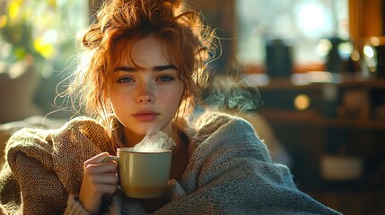 Cozy redhead with steaming mug indoors
