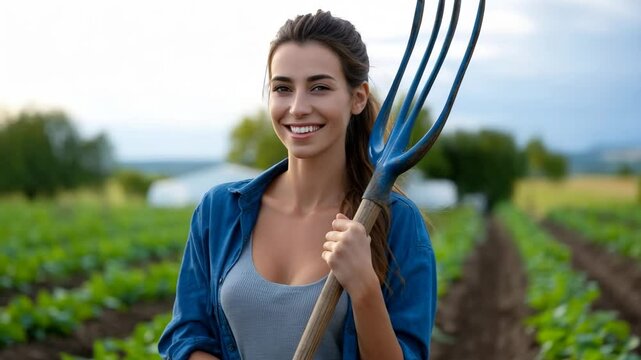 A smiling woman holding a pitchfork stands in her flourishing field