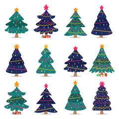 Vector set of cartoon Christmas trees, pines for greeting card, invitation,banner, web. New Years and Christmas traditional symbol tree with garlands, light bulb, star. Icons collection.
