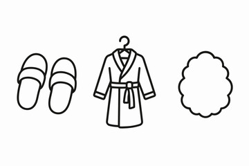 Spa essentials outline: slippers, bathrobe, loofah icon set