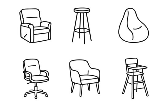 Various types of chairs and seating: armchair, stool, bean bag, office chair, dining chair, high chair