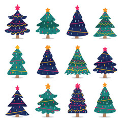 Obraz premium Collection of Christmas trees. Colorful vector illustration in flat cartoon style. Colorful winter trees collection for holiday Christmas and new year. Vector illustration. 