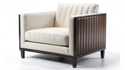 Cream upholstered armchair with dark wood ribbed arms and dark wood legs furniture white