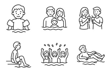 Illustrated family beach scenes with swimming and relaxing activities
