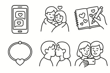 Fototapeta premium Outline drawings of romantic symbols and couples with phones and hearts