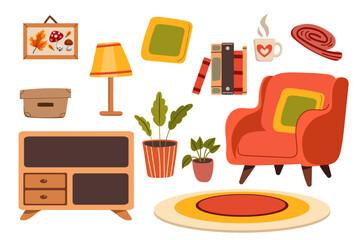 Furniture vector illustration set. Cartoon flat design furniture with armchair, lamp, nightstand, house plants. Designer fashion items for home interior apartment isolated on white