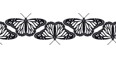 Horizontal stripe pattern with hand drawn black and white monarch butterflies. Seamless border of monochrome tropical insect. Vector illustration on white background