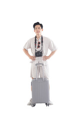 Ready for Journey: A portrait of a smiling traveler, confidently standing next to a luggage bag, ready for the next adventure, showcasing the excitement of travel.
