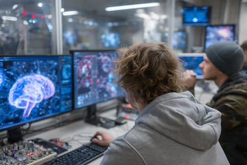 Students working on ai brain research project using computers and monitors in a laboratory setting