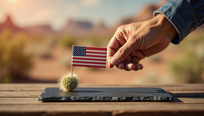 Close-up of a hand holding a small American flag by a cactus  