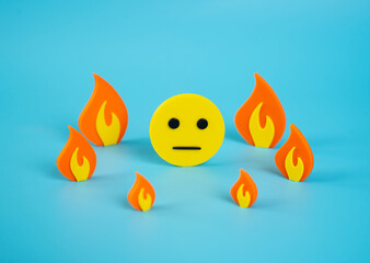 Indifferent face surrounded by fire. Indifference to surrounding events and lack of reflection....