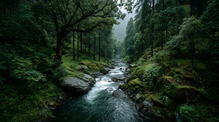 Obraz premium Watefall in the middle of black forest landscape.