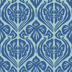 Monochrome green brush strokes inky flowers seamless pattern damask style. Abstract modern floral background. Textured botanical minimalist wallpaper