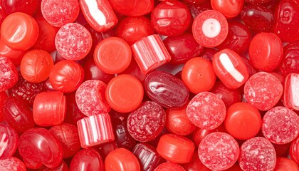 Red Candies Background with Sweet Treats Texture.