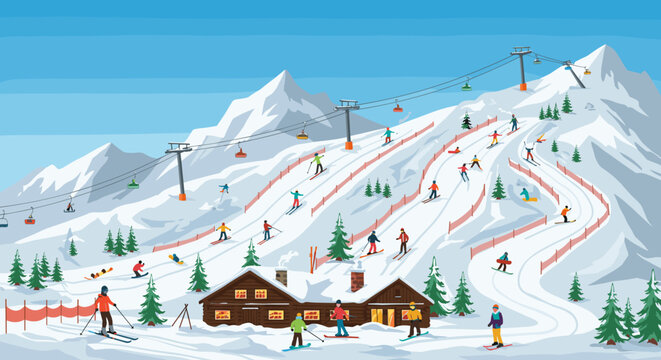 Ski Resort Scene with Skiiers, Snow, Mountains, and Chalets
