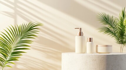 Skincare product mockup placed on a stone pedestal with warm light and soft shadows, minimalist monochrome beige aesthetic for elegant ad style