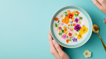 Overhead shot of a smoothie bowl decorated with edible flowers, featuring bright natural colors and fresh styling