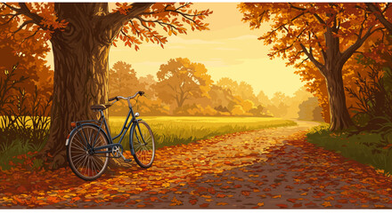 Fototapeta premium Autumnal Scene: Bicycle by Tree in a Golden Forest Path