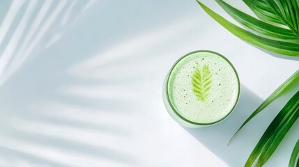 Top view of icy matcha latte on a white table with soft leaf shadow cast across, clean and refreshing green aesthetic