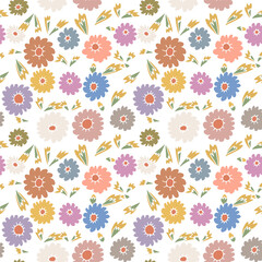 Ditsy floral seamless pattern on white background. Hand drawn vintage backdrop with tiny flowers. Cottagecore texture with sketchy blooms.