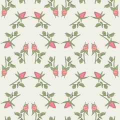 Vintage seamless symmetry pattern with hand drawn pink rose flowers on beige background. Boho floral repeat wallpaper