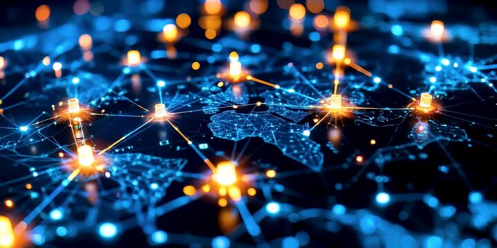 Global decentralized energy grid with glowing data nodes connected across continents on digital world map, representing smart electricity distribution and renewable energy infrastructure. - Powered by Adobe