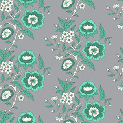 Seamless pattern with hand drawn teal chinoiserie flowers on gray background. Floral repeat wallpaper with chinese style ornament. Vector illustration