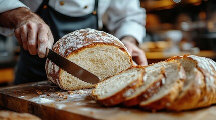 Chef Slicing Fresh Baked Bread on a Wooden Board in a Rustic Kitchen with Warm Light Culinary Scene