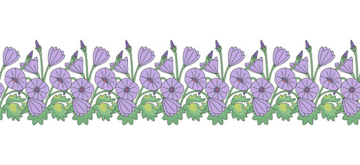 Stripe pattern with line art canary islands flowers mallow bindweed. Floral seamless border with hand drawn millefleur style botanicals. Vector illustration