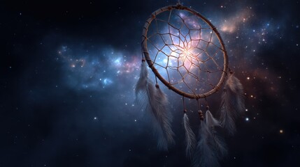 Obraz premium Dream Catcher in Cosmic Space with Vibrant Galaxy Background and Ethereal Lights Surrounding it