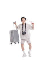 Ready for Adventure: A vibrant young man, geared with travel essentials, radiates excitement as he...