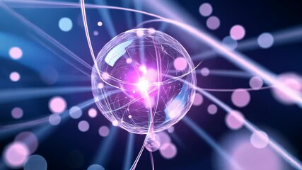 Glowing atomic particle with dynamic energy fields and vibrant light effects representing quantum physics and modern technology