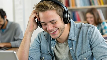 Smiling young man wearing headphones enjoying an online class in a bright classroom setting with diverse students studying - Powered by Adobe