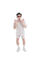 Asian guy wearing tourist clothes and sunglasses posing, travel concept