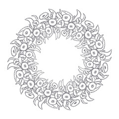 Hand drawn black and white line art canary islands flowers tree sonchus wreath. Card template with cute monochrome floral frame. Botanical vector illustration isolated on white.