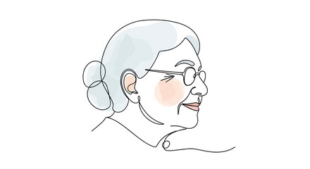 Elderly woman in glasses smiling – one-line doodle drawing with pastel watercolor fill on white background