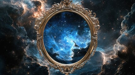 Mystical Mirror: An antique mirror frames a glimpse into a cosmic nebula, a captivating portal to the vast universe and beyond.