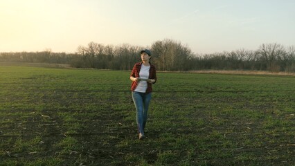 A woman agronomist walks across the field and works online in a tablet, a farmer makes an analysis...