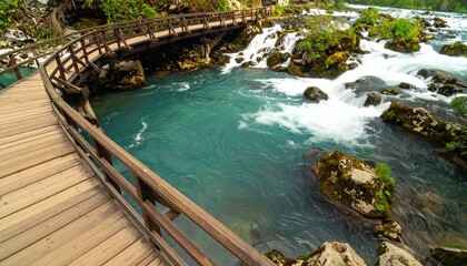 Fototapeta premium Croatia Waterfall Wooden Bridge Hiking Trail.