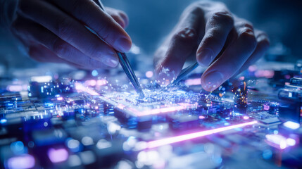 Obraz premium Precision engineering of a futuristic circuit board with metallic tools