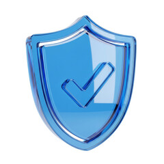 Blue glass shield with check mark symbol isolated on transparent background.
