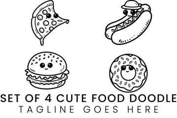 Cute Food Doodle Set Pizza Hot Dog Burger Bagel Illustrations