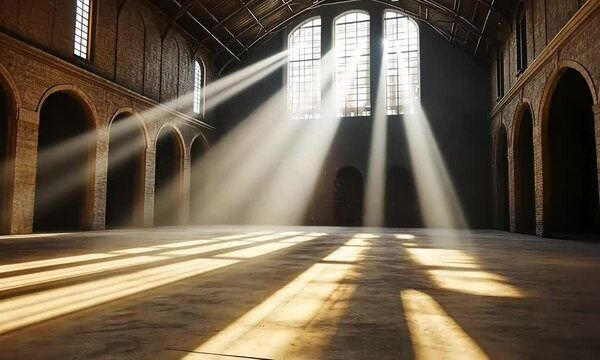 Sunlight Streams into an Empty, Stone Hall