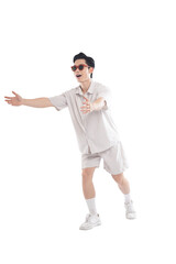 Asian guy wearing tourist clothes and sunglasses posing, travel concept