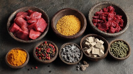 Fototapeta premium An Overhead Shot of Various Colorful Spices and Ingredients in Rustic Bowls