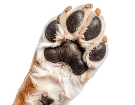 Close-up of a dog's paw showing its pads, fur, and claws in high detail.