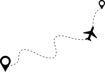 Airplane road featuring a dashed line. This represents the flight path of a plane. The airplane is depicted in flight, leaving behind a twisted, curved, and straight dashed trace along its route.