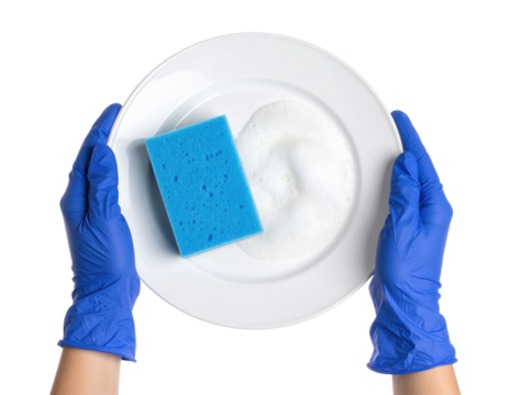 A pair of gloved hands holding a white plate with a blue sponge and soap suds on its surface.