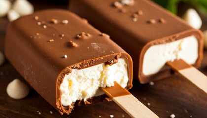 Classic Vanilla Chocolate Bar
A creamy vanilla ice cream on a stick, fully coated in smooth milk chocolate. Often shown with a bite to reveal the white center.