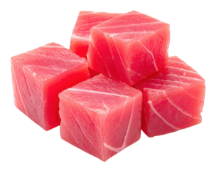 Five neatly cut cubes of raw tuna with fresh, firm texture and vivid pink color.